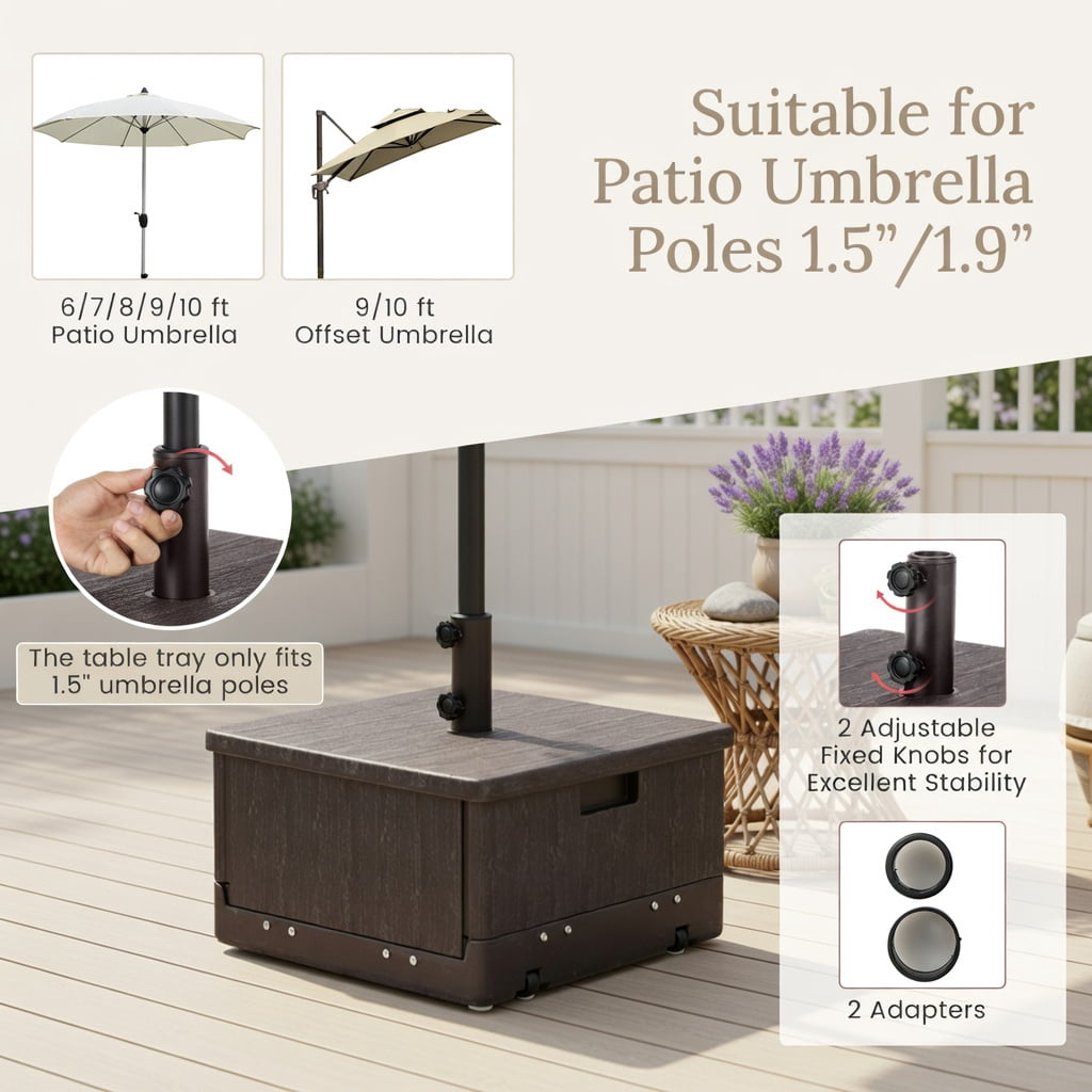 Resenkos Umbrella Base for Patio, Umbrella Stand Outdoor Base,175 LBS Outdoor Fillable Umbrella Base with Table Tray-Brown
