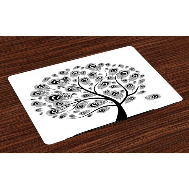 Feather Placemats Set of 4 Monochrome Tree with Ethnic Peacock Motifs with Eastern Culture Influences, Washable Fabric Place Mats for Dining Room Kitchen Table Decor,Black and White, by Ambesonne