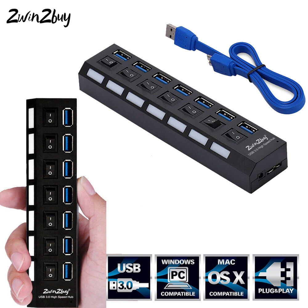 2WIN2BUY 7 Ports 3.0 USB Splitter,Independent On/Off Switch&LED Indicators,USB A Port Data Hub,Suitable for PC Computer Keyboard Laptop Mobile