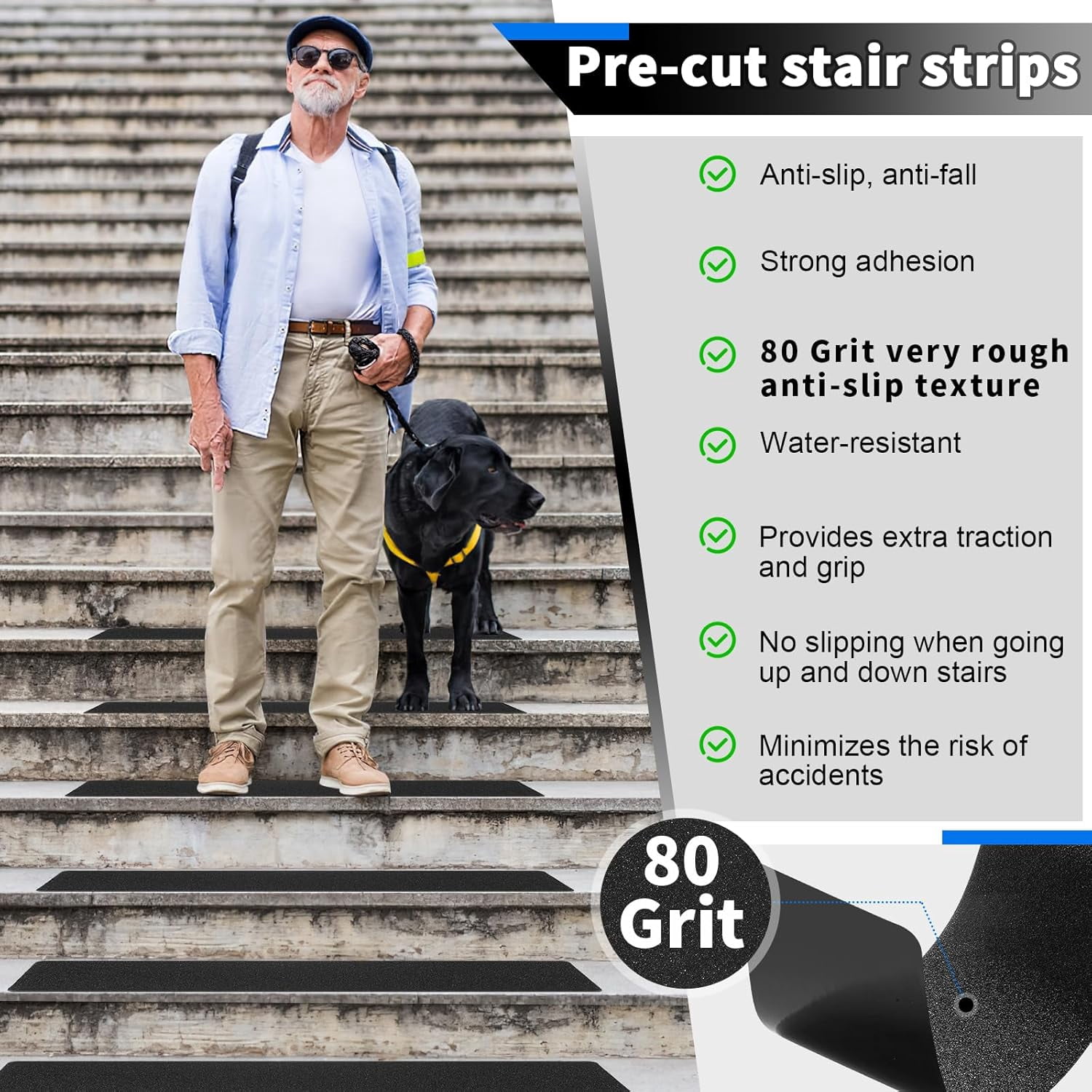 Outdoor Stair Treads Non-Slip Step Strips for Wooden Steps 5 Pack 6” x 30” Anti Slip Grip Tape Precut for Outside Stairs, Non Skid Stair Tread Mats Weather Resistant for Outdoors, Black