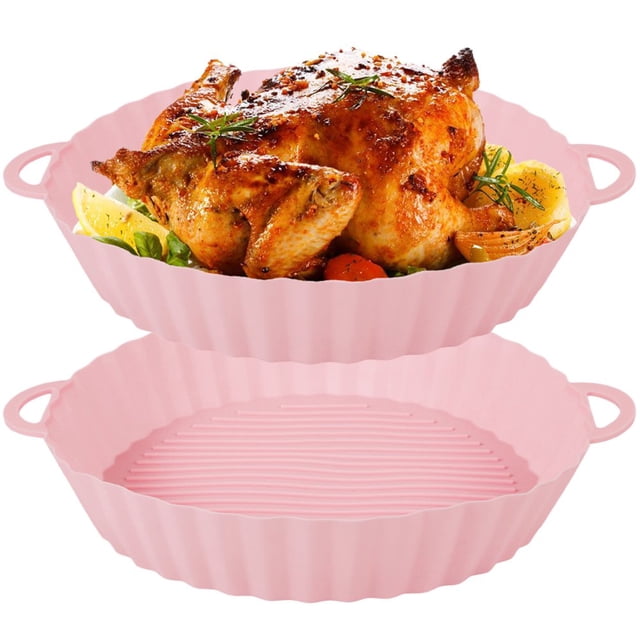 2Pcs Air Friteuse Silicone Pot Réutilisable Air Friteuse Silicone Doublure Résistant à la Chaleur Panier de Friteuse avec Poignée Plaque de Cuisson en Silicone Poêle à Frire Accessoires pour Four à Micro-Ondes