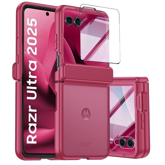 Vizvera for Motorola Razr Ultra 2025 With Hinge Protection,Screen Protector,Skin Feel Translucent Frosted,For Wireless Charging Phone Case-Rose Red