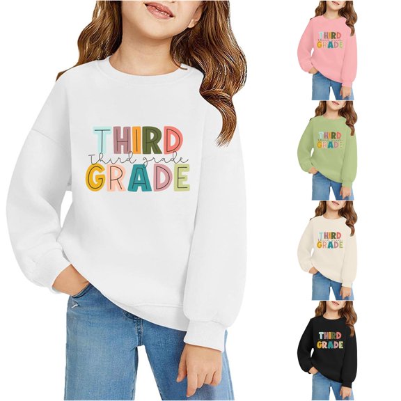 RMGVDSD Back To School Sweatshirt for Girls Letter Print Long Sleeve Pullover Crewneck Sweatshirts First Day Of School Soft Casual Tops Kids Sweatshirt 3-4 Years