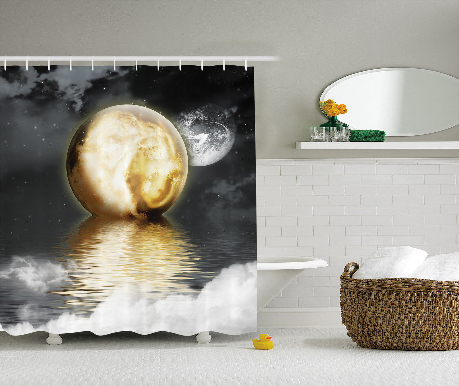 Burning Moon over the Sea Night Moonlight Scene Fabric Shower Curtain