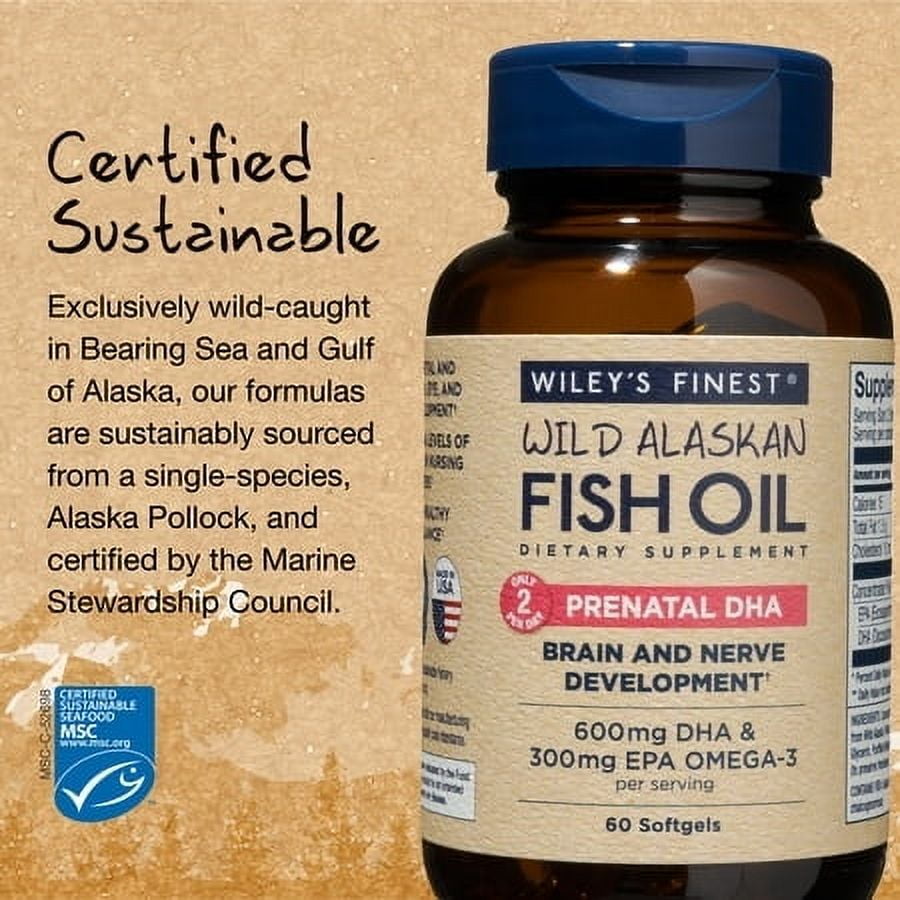 Wiley's Finest Wild Alaskan Fish Oil Prenatal DHA - 720mg EPA and DHA Omega-3s for Pregnant Women and Nursing Mothers - 60 Softgels (30 Prenatal Vitamin Servings)