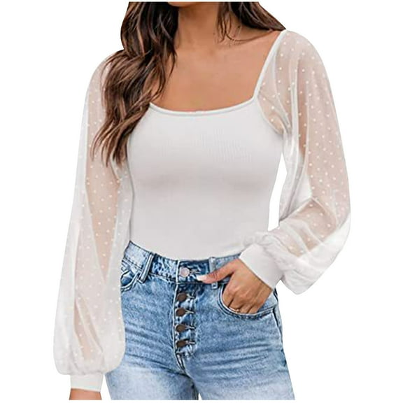 Jewelreauty Womens Lantern Sleeve Shirts Square Neck Long Sleeve Patchwork Tees Slim Fit Tunic Blouses Tops (S, White)