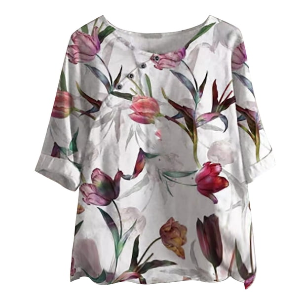 Moda Mujer Causal Cuello Redondo Blusa Estampada 1/2 Manga Camiseta Verano Tops Fridja ghk3347