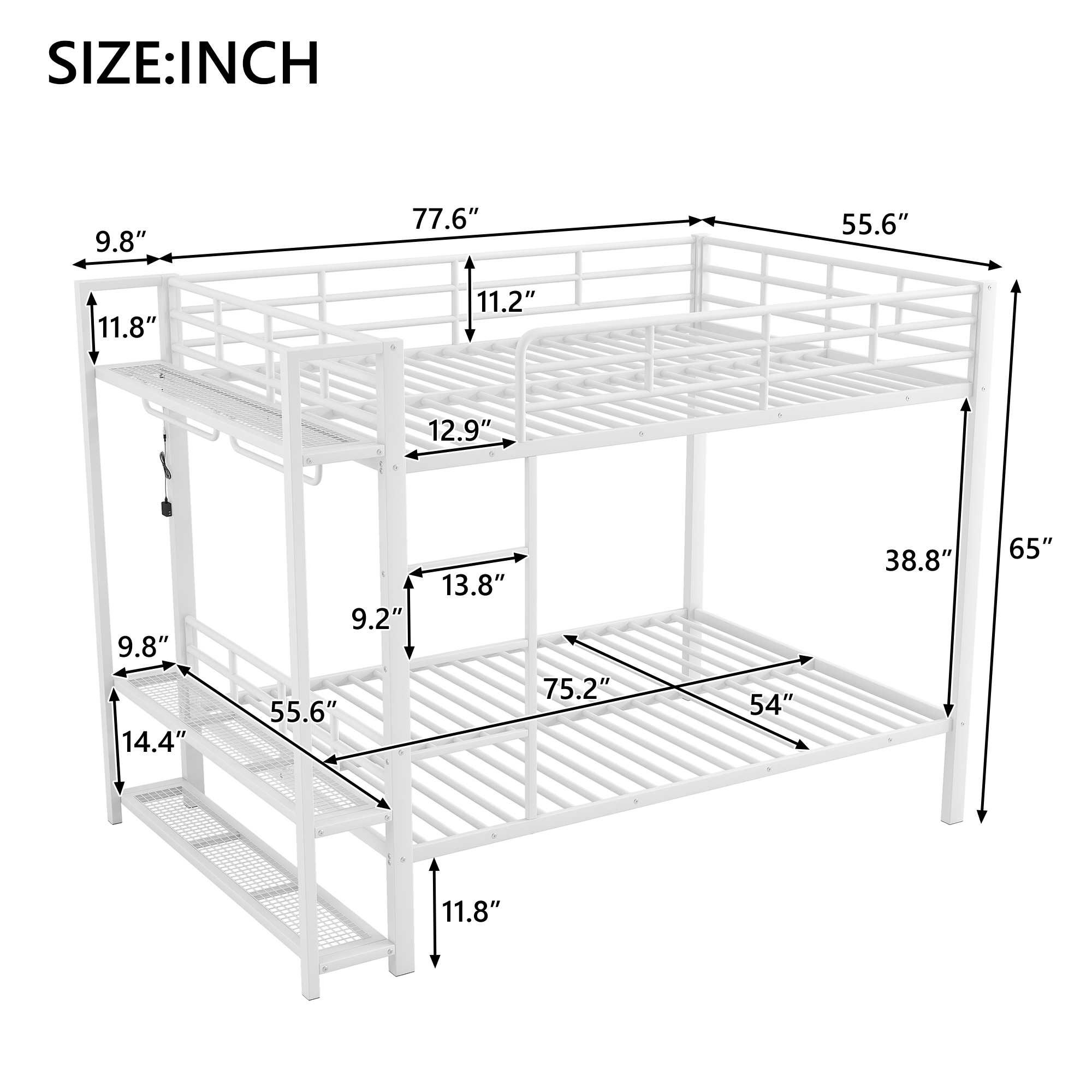 Euroco Metal Full over Full Bunk Bed wih Storage Shelves, Clothes Habnger and LED Light for Kids Teens Room, White
