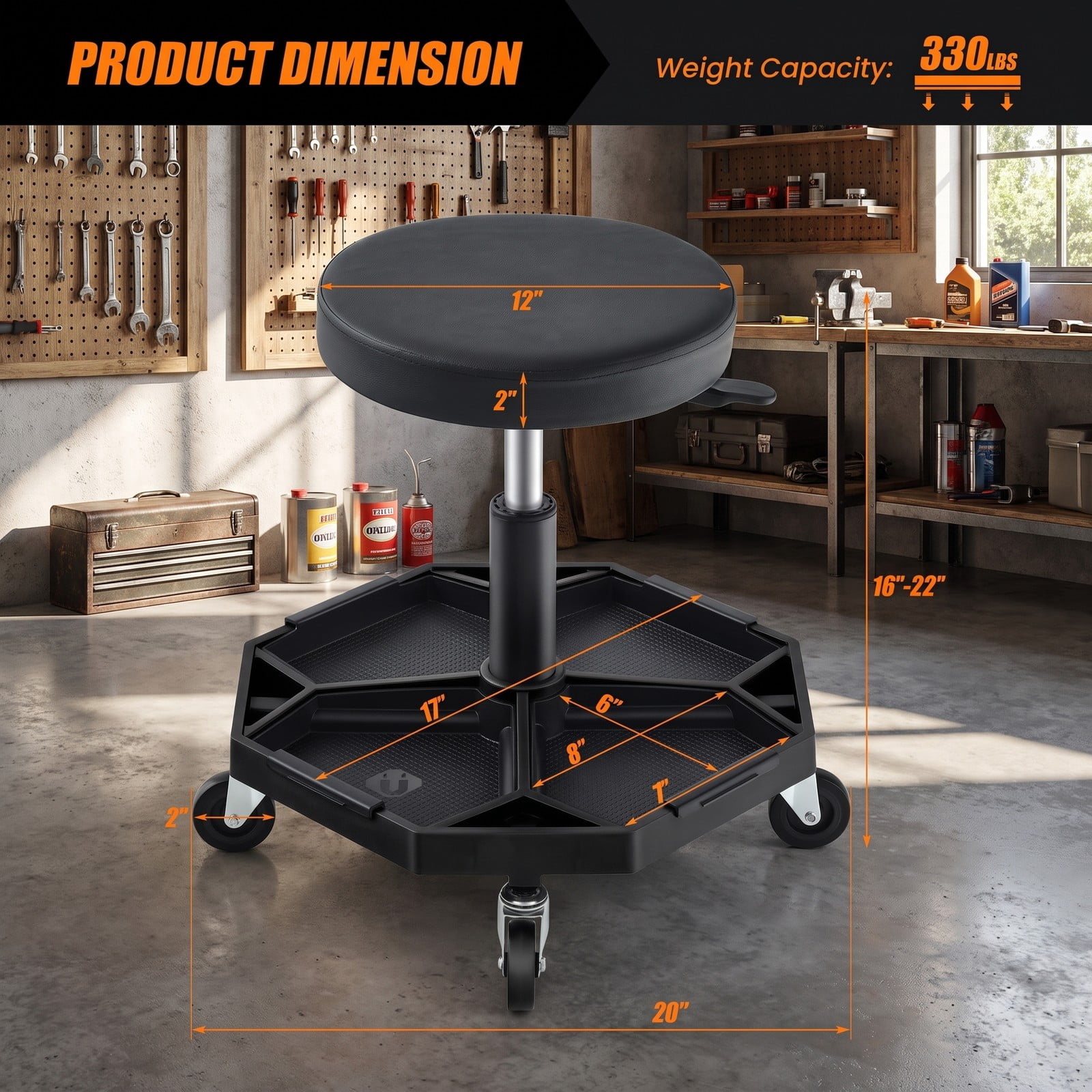 Biotree Pneumatic Rolling Mechanic Stool with Padded Seat, 330 LBS Capacity Height Adjustable Swivel Garage Shop Work Chair with Tool Tray and 4 Casters, Black