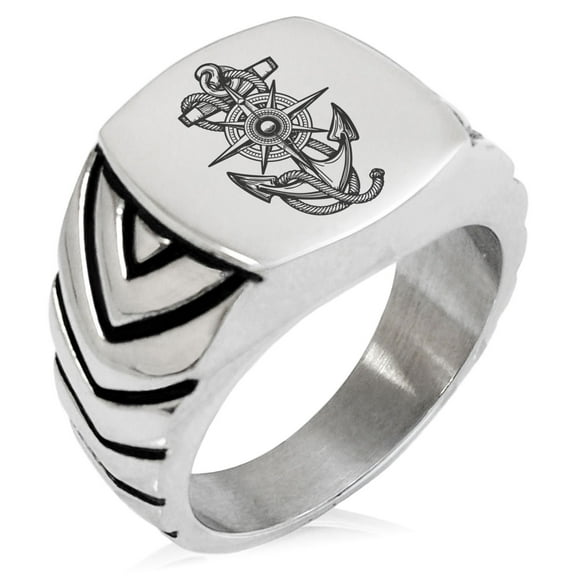 Stainless Steel Nautical Compass Dial & Anchor Chevron Pattern Biker Style Polished Ring