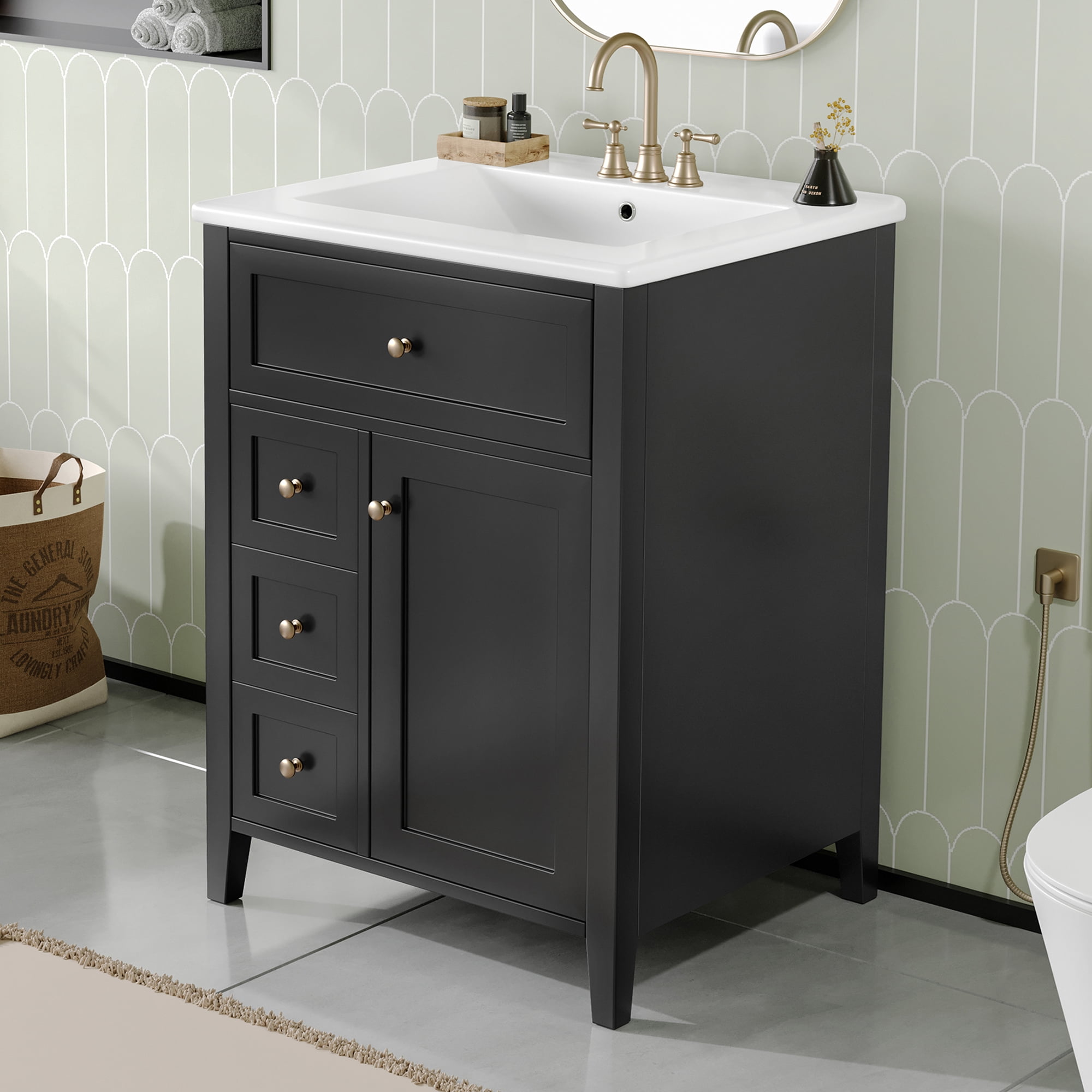 RONSHIN 24-inch Black Bathroom Vanity with Sink, 3 Drawers, Modern Design