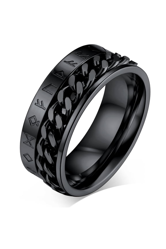 Nordic Viking Spinner Runes Ring for Men Jewelry Gift Black Punk Cuban Link Chain Band Ring Stainless Steel Rotatable Fidget Ring for Anxiety for Brother Friends Size 10