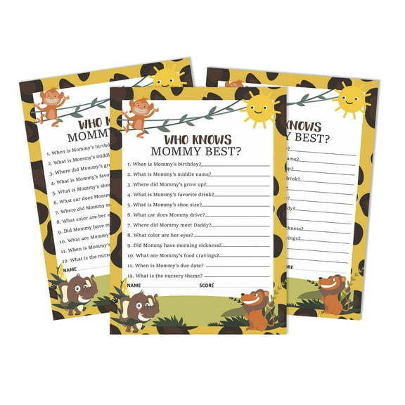 Inkdotpot Jungle Animals 50-PackWho Knows Mommy BestBaby Shower GameCards Gender Neutral FunActivity Cards