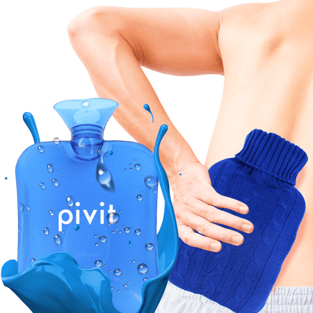 Pivit Hot Water Bottle with Cover | Heat Up and Refreezable Cold Pack Rubber Compress | XL Portable Reusable Reheatable & Transparent Ice Bag | Therapy Heating Pad Warmer | Warming Pain Relief (Blue)