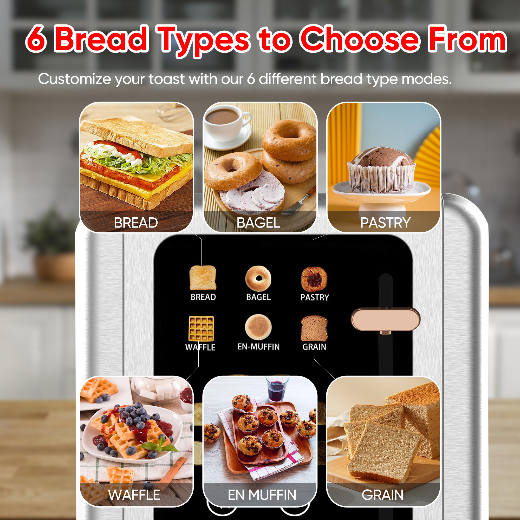 WHALL Touchscreen Toaster 2 Slice - Stainless Steel Toaster with Wide Slot, 6 Shade Settings, Bagel Function, Removable Crumb Tray