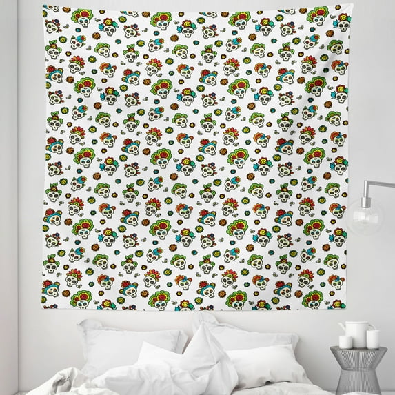 Mexican Tapestry, Traditional Day of the Dead Inspired Sugar Skulls with Colorful Flowers, Fabric Wall Hanging Decor for Bedroom Living Room Dorm, 5 Sizes, Multicolor, by Ambesonne