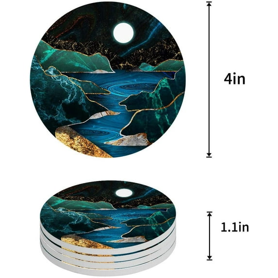 FMSHPON Moon and Mountain Marble Texture Set of 6 Round Coaster for Drinks, Absorbent Ceramic Stone Coasters Cup Mat with Cork Base for Home Kitchen Room Coffee Table Bar Decor