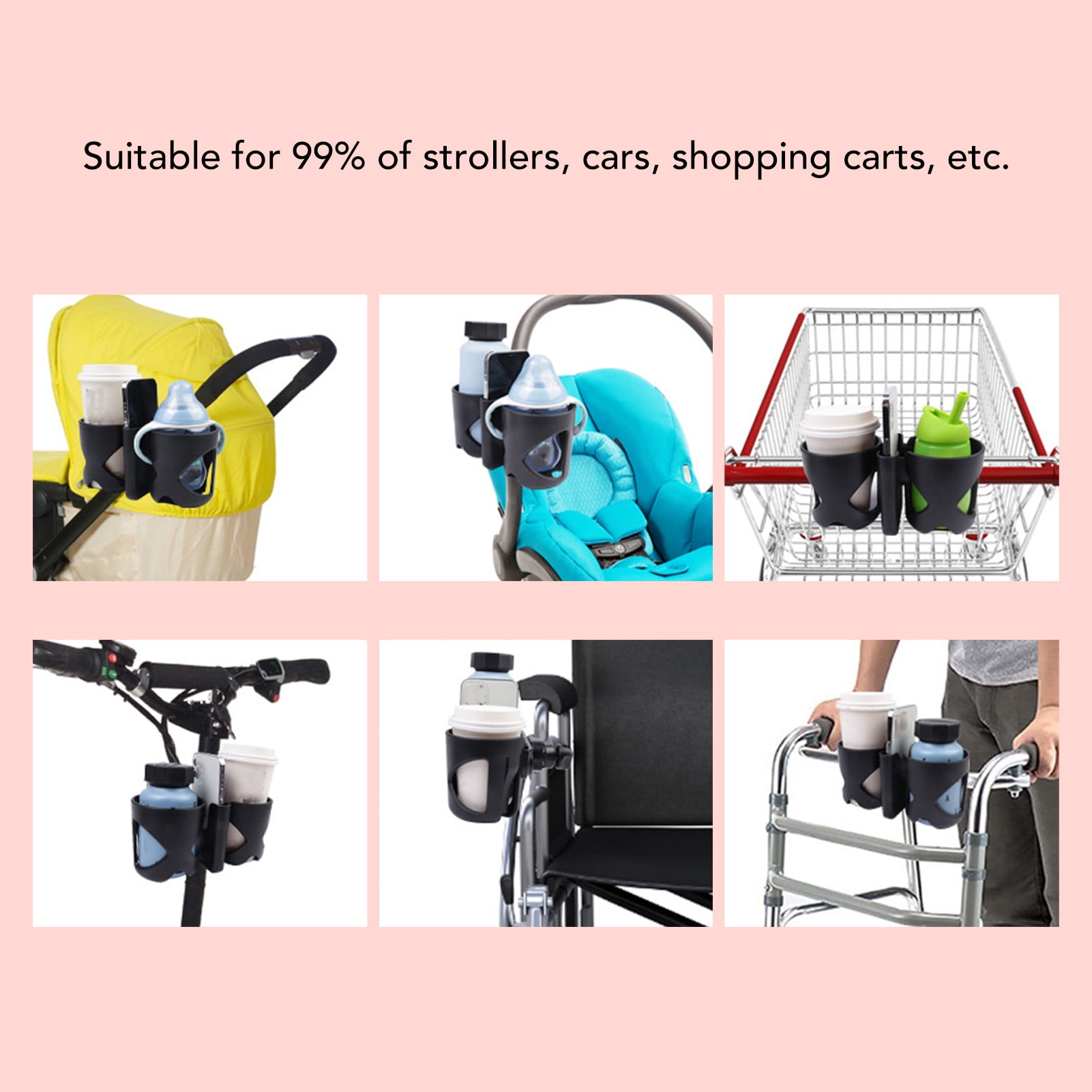 NFTIGB 3 in 1 Universal Stroller Cup Holder with Phone Holder, 360 Degree Rotatable Drink Carrier Organizer for Wheelchair, Walker, Grocery Cart, Black, 8.5 x 4 inches (21.5 x 10.2 cm)