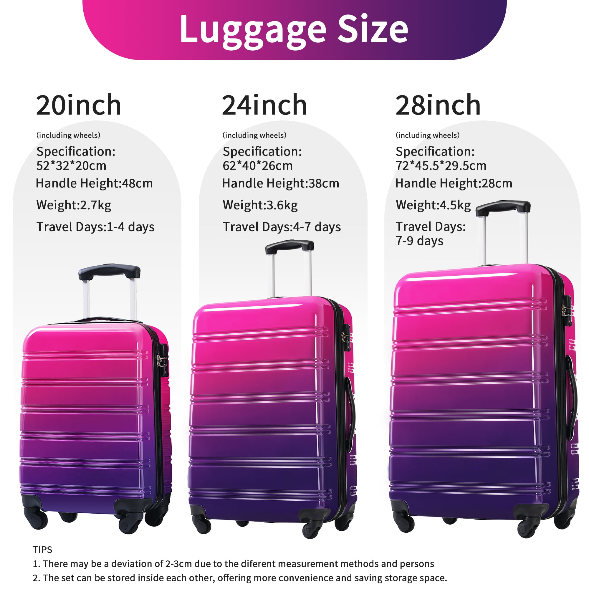 Oufan Gradient Color Expandable Luggage Sets of 3, Lightweight Travel Luggage with Wheels & TSA Lock, Carry-On & Large Checked Luggage, 20"/24"/28"