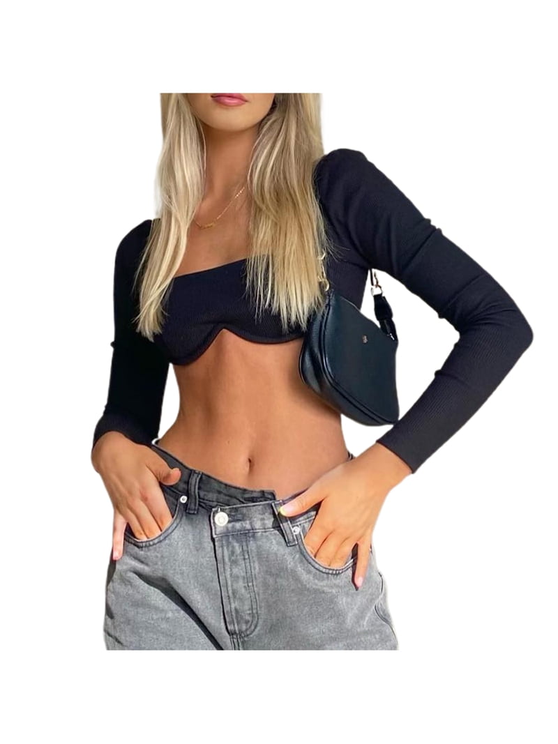 Women's Rib Knit Crop Tops Long Sleeve Square Neck Stretchy T