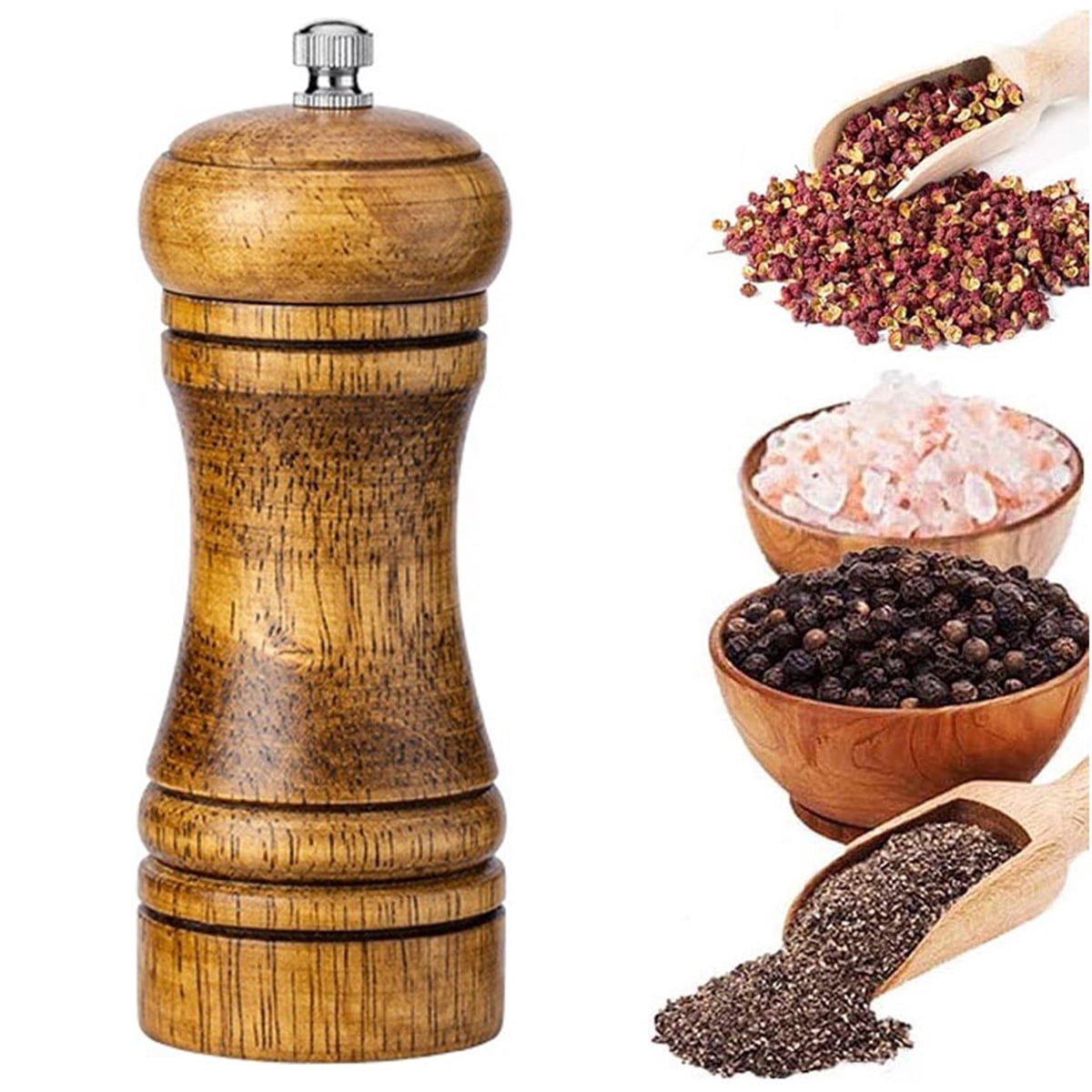 Pepper Mill Wood Pepper Grinder Adjustable Oak Wood Salt and Pepper