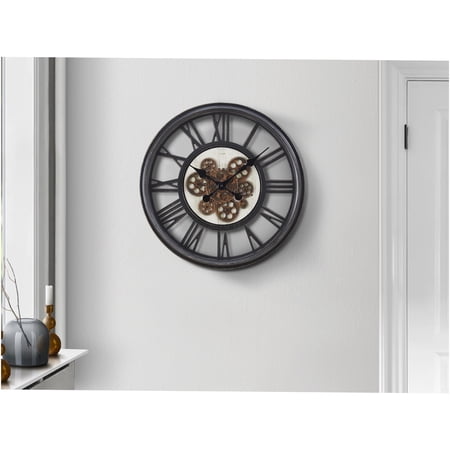 JERFIT Industrial Wall Clock with Moving Gears, 20 Inch Round Analog Roman Numeral Clock, Silent Non-Ticking Quartz Movement, Black