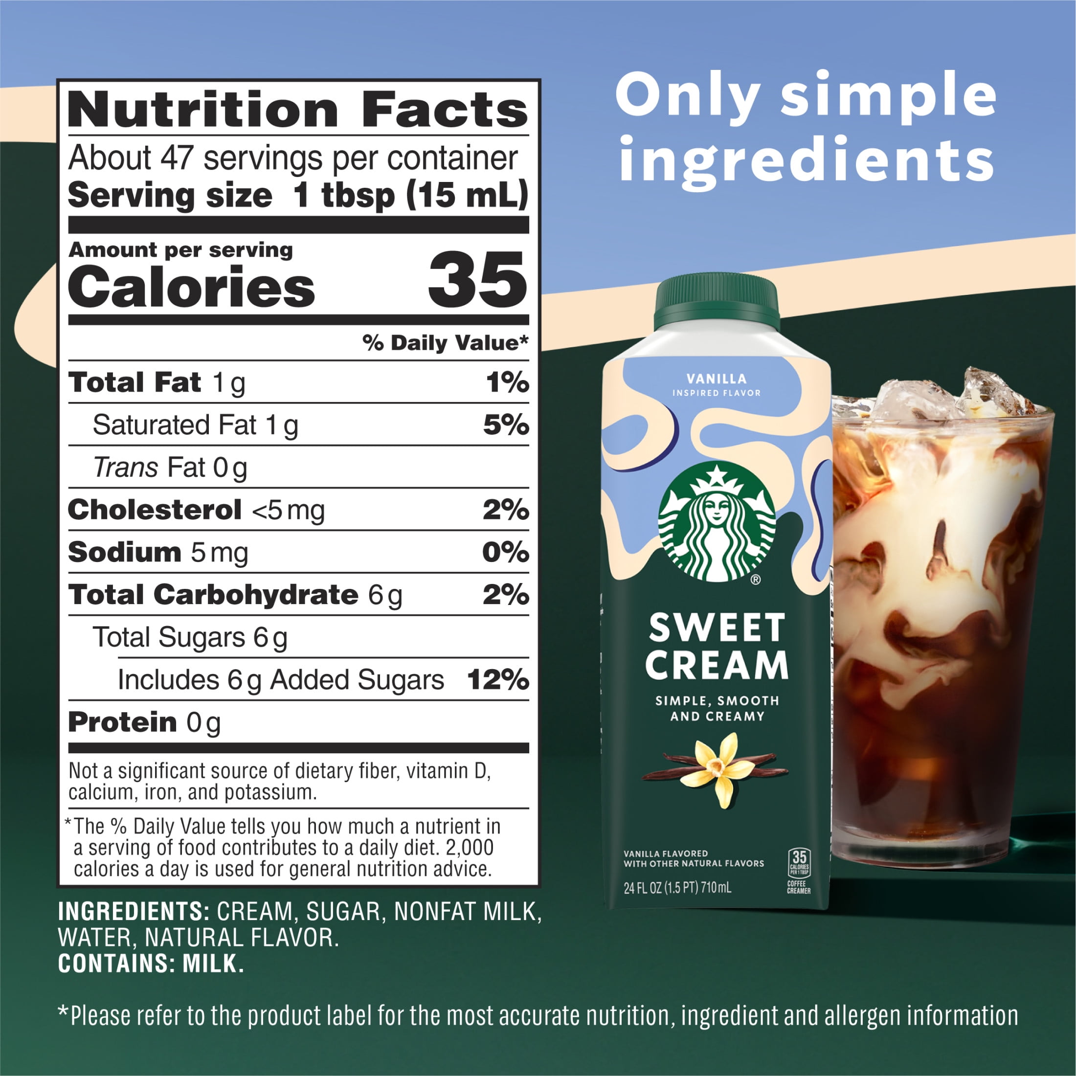 Starbucks Vanilla Flavored Sweet Cream Creamer, Perfect for Cold Brew & Iced Coffee  24 fl oz