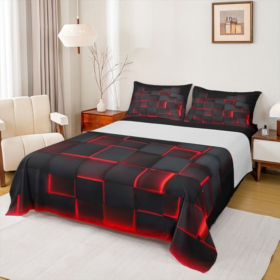 Feelyou Square Abstract Child Twin Sheet Sets, Red Modern Rectangle Bedding, 3pcs