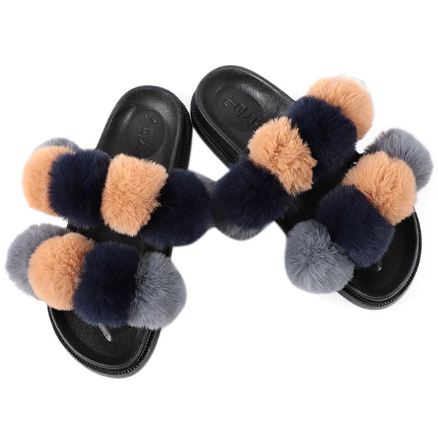 Women Furry Slippers Fashion Pom Pom Ball Faux Fur Slippers Fluffy Sandals