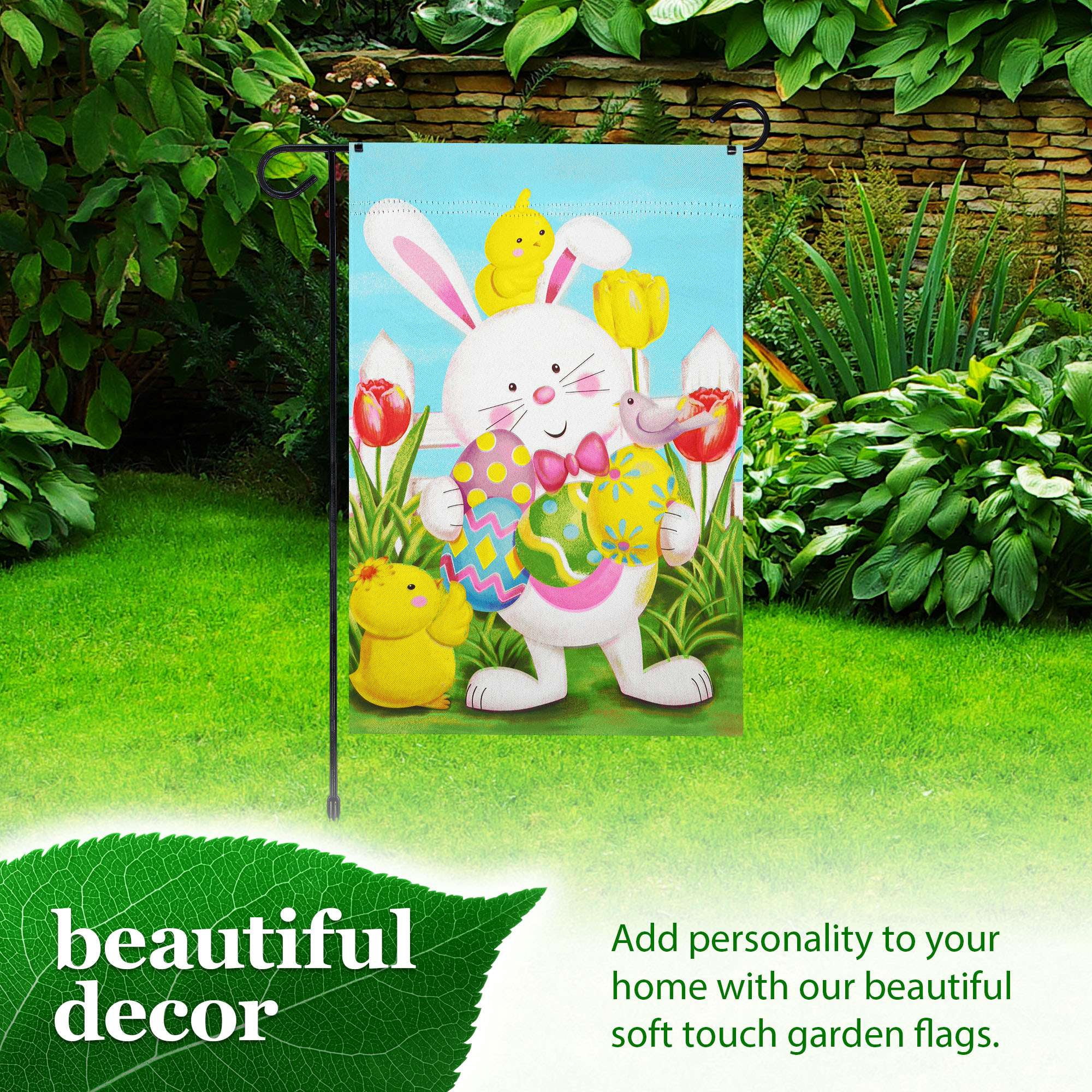 G128 2sets: 36"x16" Flag Stand & 12"x18" Double Sided Easter Bunny with Eggs Garden Flag Outdoor