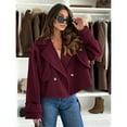 thumbnail image 4 of Women Crop Double Breasted Pea Coat Work Office Cropped Jacket with Pockets Wine Red L, 4 of 8