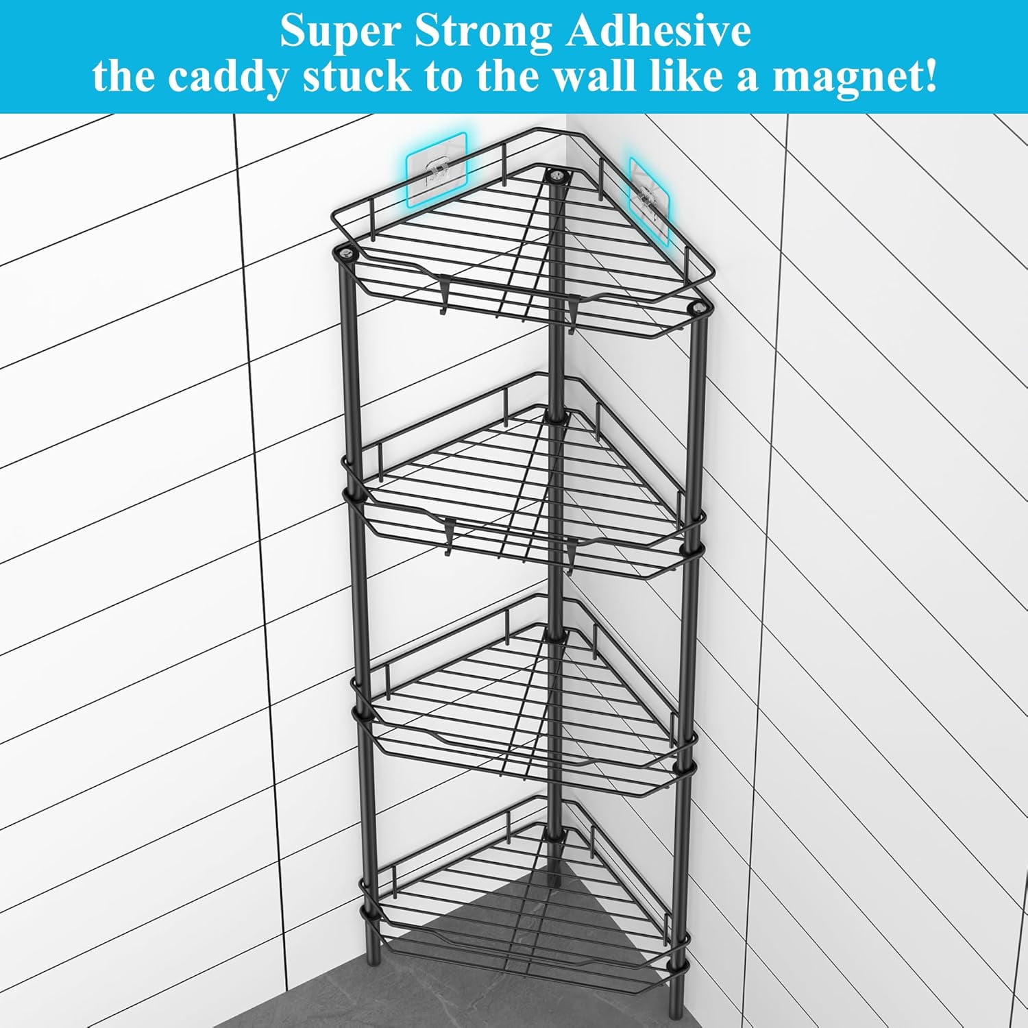 4-Tier Floor Standing Corner Shower Caddy Organizer Shelf with Hooks, Bathroom Shelves Stand Rack, Black