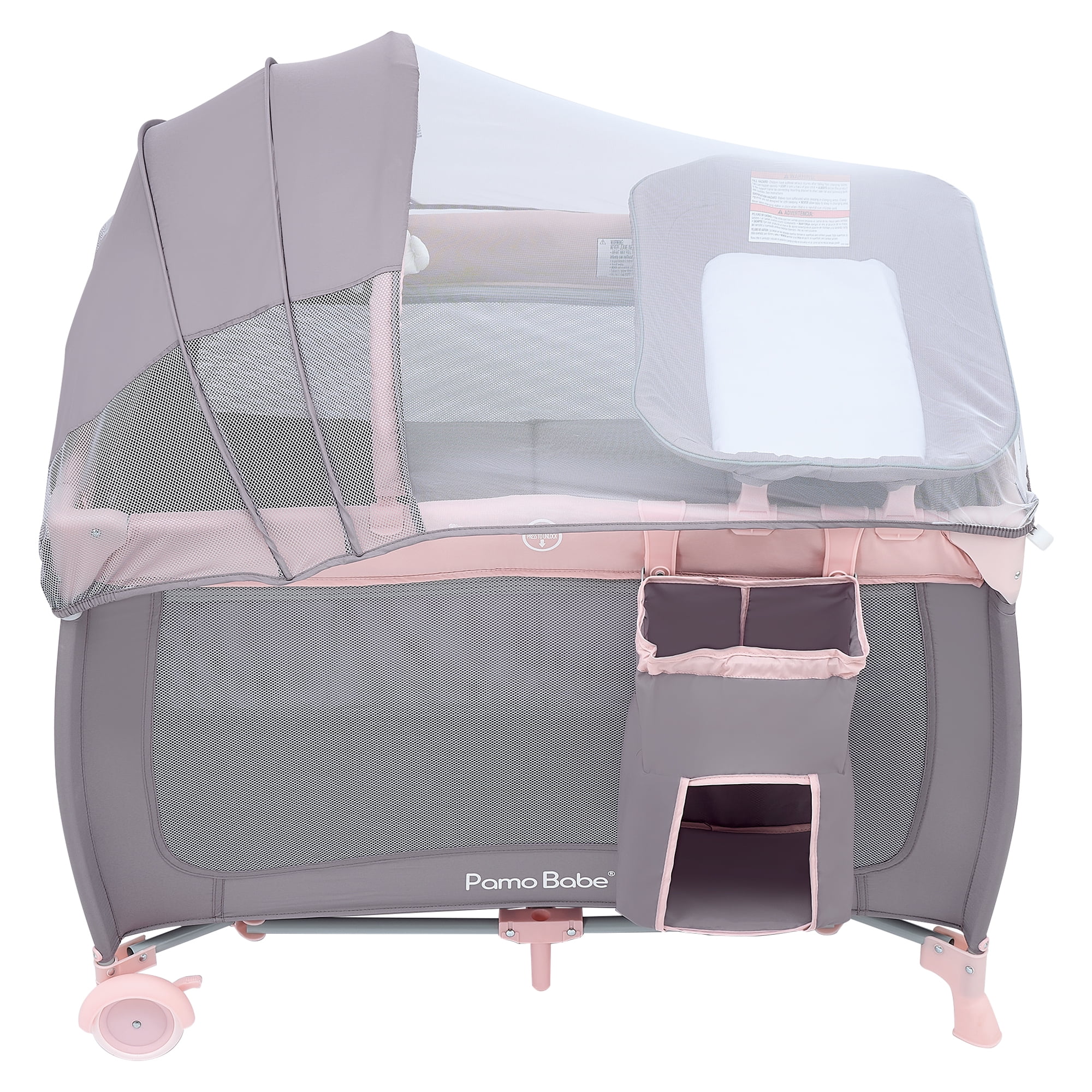 Pamo Babe Baby Playard, Foldable Changing Table, Wheels, Canopy for Newborn, Four-Panels