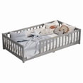 thumbnail image 4 of Mirightone Twin Size Floor Bed, Wood Montessori Floor Beds with Fence Railings and Slats Support, Twin Playhouse Bed Frame, No Box Spring Needed, (Grey), 4 of 7