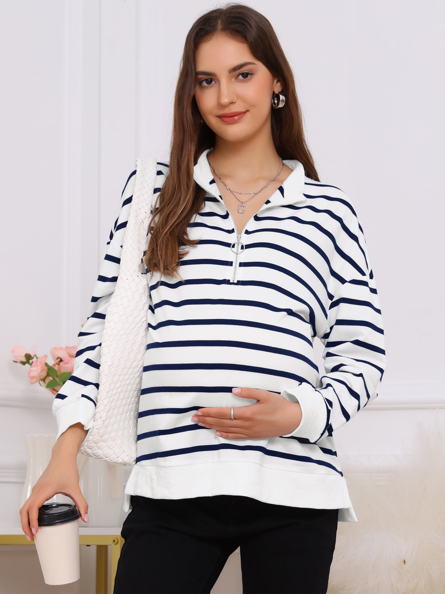 DARING DIVA Women's Maternity Mock Neck Long Sleeve Half Zip Sweatshirt 2XL Blue