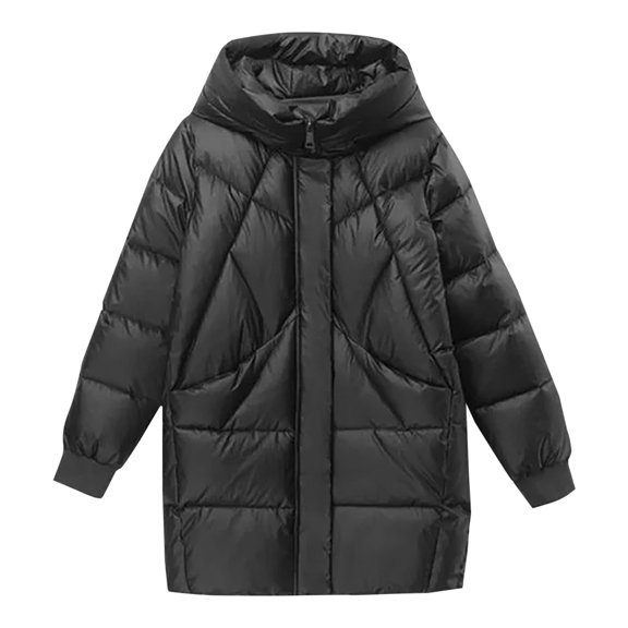 HTNBO Women Long Quilted Coat Winter Hooded Long Sleeve Puffer Padded Jackets Zip-up Warm Thicken Outerwear Pockets