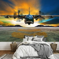 wall26 - Military Plane Landing on Airforce Runways Against Beautiful Dusky Sky - Removable Wall Mural | Self-Adhesive Large Wallpaper - 100x144 inches