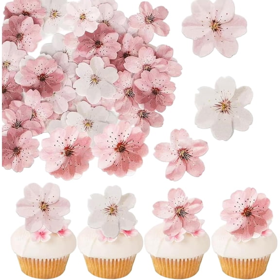 50PCS Pink Flower Cake Decorations, Cherry Blossom Cupcake Toppers for Wedding, Birthday Party and Celebration