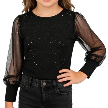 WOYY Toddler Girls Dressy Shirt Sequin Mesh Long Sleeve Crewneck Glitter Blouse, Sizes 4-5T