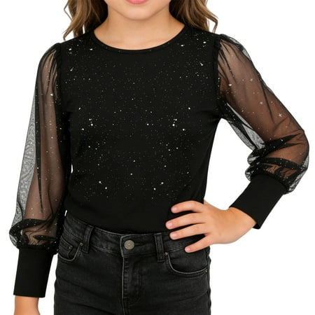 QUOTAY Long Sleeve Shirts For Girls Crewneck Holiday Party Tunic With Sparkly Sequin Casual Loose Fit Blouse For Kids Festive Celebration Glitter Top 02_Black 110