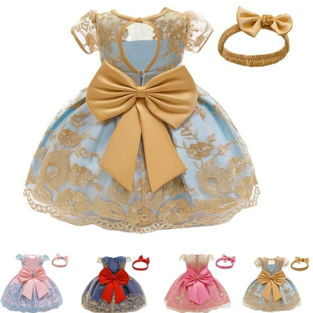 

0-24M Baby Girls Pageant Lace Embroidery Dresses Toddler Party Bowknot Tutu Gown Dress with Headwear
