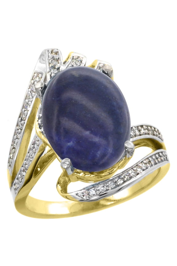 14k Yellow Gold Stone Natural Lapis Bypass Ring Diamond Accents Oval 14x10mm, size 7