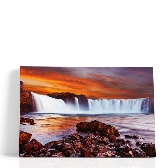 Godafoss Waterfall During Sunset - Wrapped Canvas Print Wall Art | 18" W x 12" H
