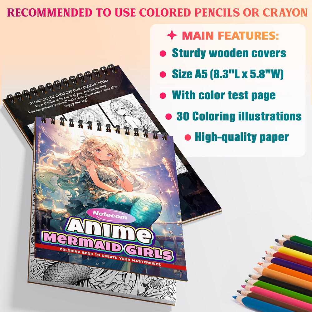 Anime Mermaid Girls Coloring Book Spiral Bound For Adults, A5 Wooden Cover, 30 Beautiful Coloring Pages of Underwater Girls Scenes for Stress Relief and Relaxation