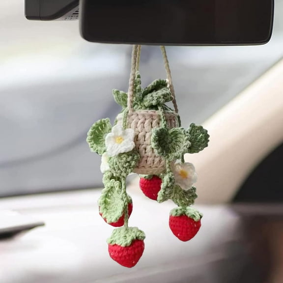 Cute Crochet Plant for Car Rear View Mirror,Boho Handmade Car Mirror Hanging Accessories for Women Girls,Green Interior Aesthetic Decor Truck Hanger Ornament Charm