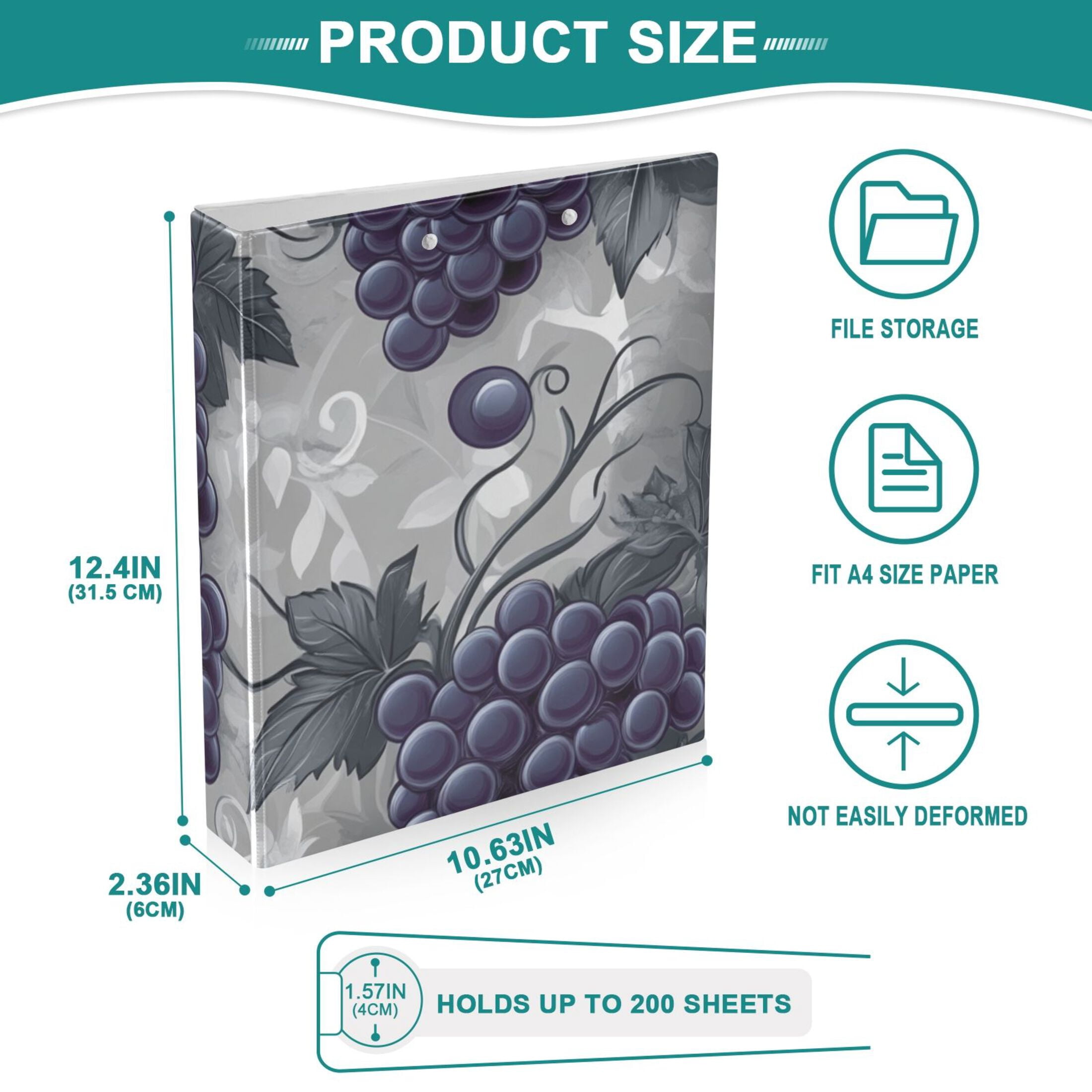 Grapes and Leaves 3 Ring Binders 1.5 inch Hardcover File Folders with Interior Pockets A4 Size Organizer for School Office Hospital