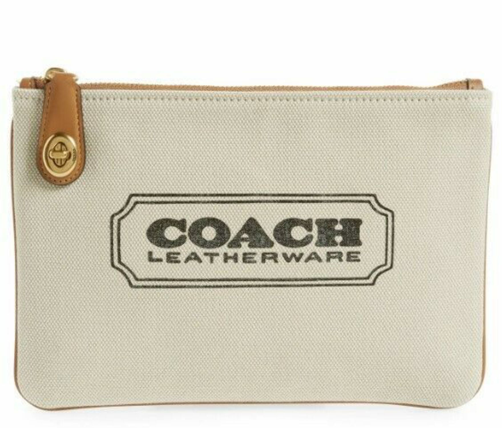 COACH Turnlock Pouch (Canvas Light Saddle) Brown Leather Accents