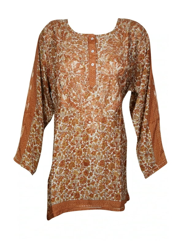Boho Embroidered Tunic Blouse, Brown Gold Floral Printed XL