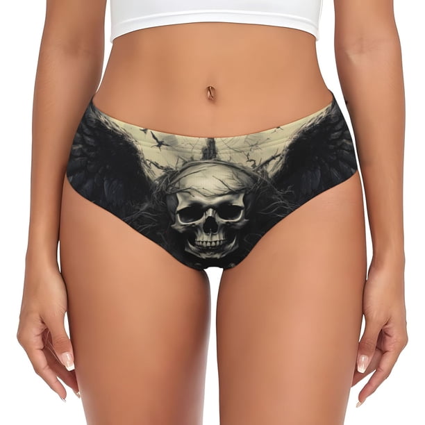 Balery Vintage Winged Rose Skull Ropa Interior de Algodón para Mujer con Dibujo – Braguitas Cómodas y Elásticas, Estilo Clásico-Large