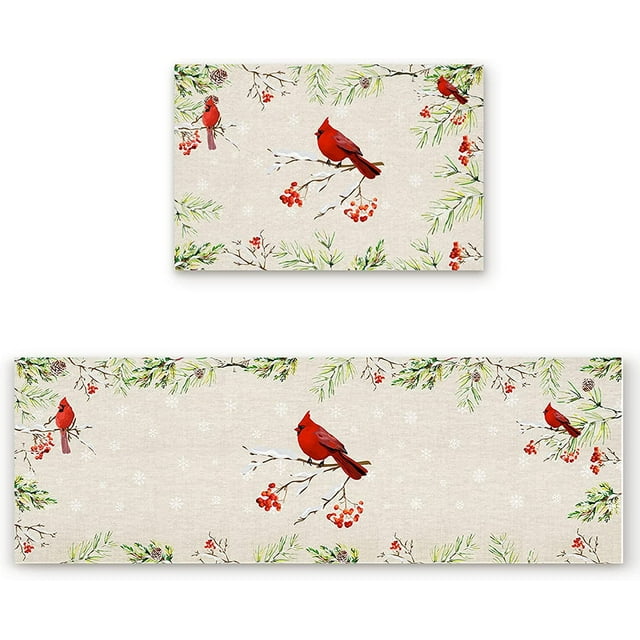 Kitchen Rug Sets 2 Piece Christmas Red Cardinal Bird Non Slip Anti Fatigue Floor Mats Winter Tree Snowflake Comfort Soft Absorb Cushioned Standing Doormat Runner Rugs (15.7x23.6+15.7x47.2 inch)